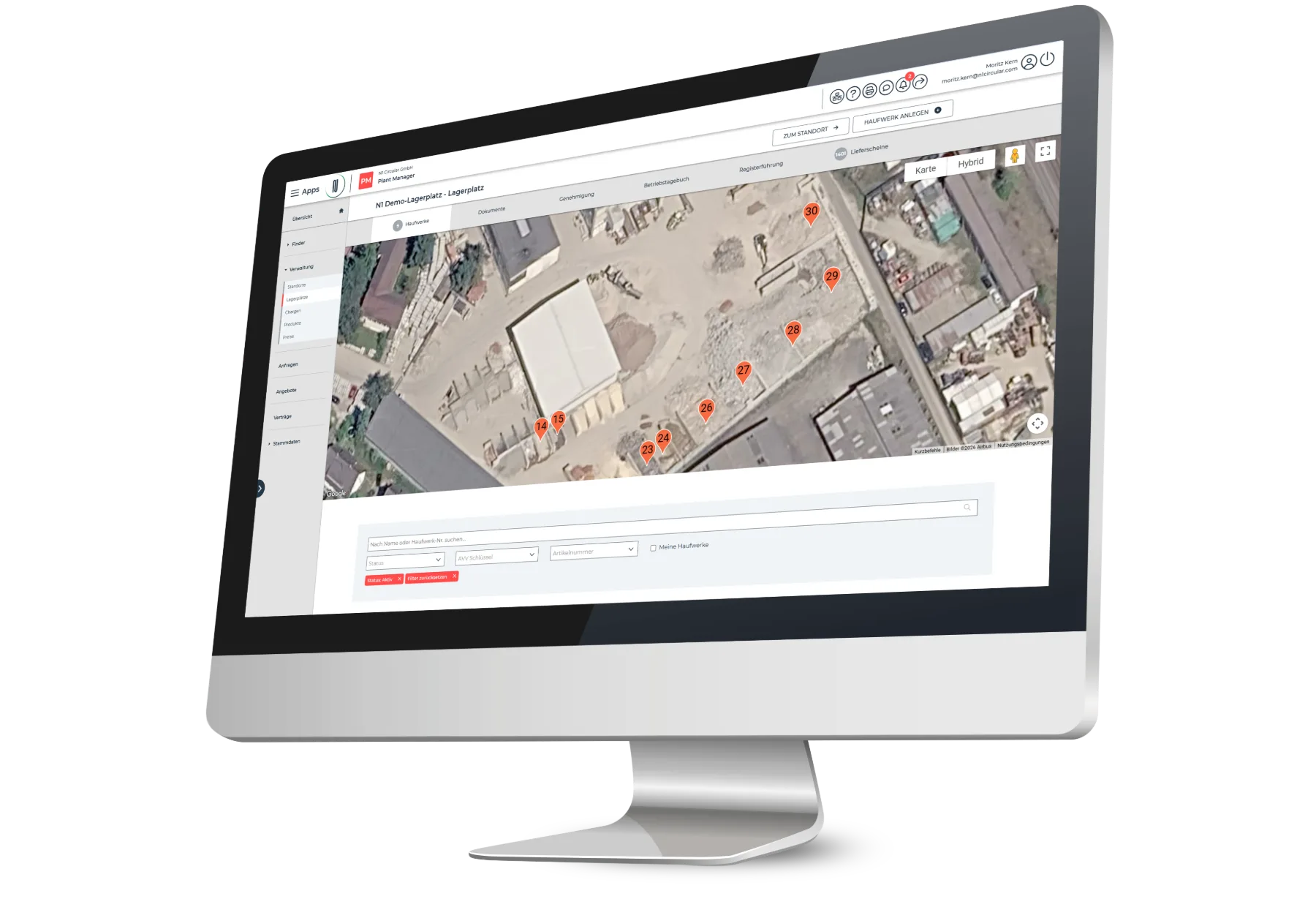 PLANT MANAGER mit Kartenansicht eines Lagerplatzes